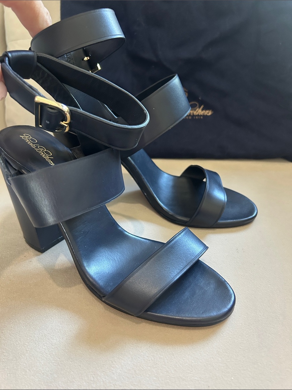 Brooks Brothers Black Leather Block Heel Sandals with Ankle Strap w dust bag